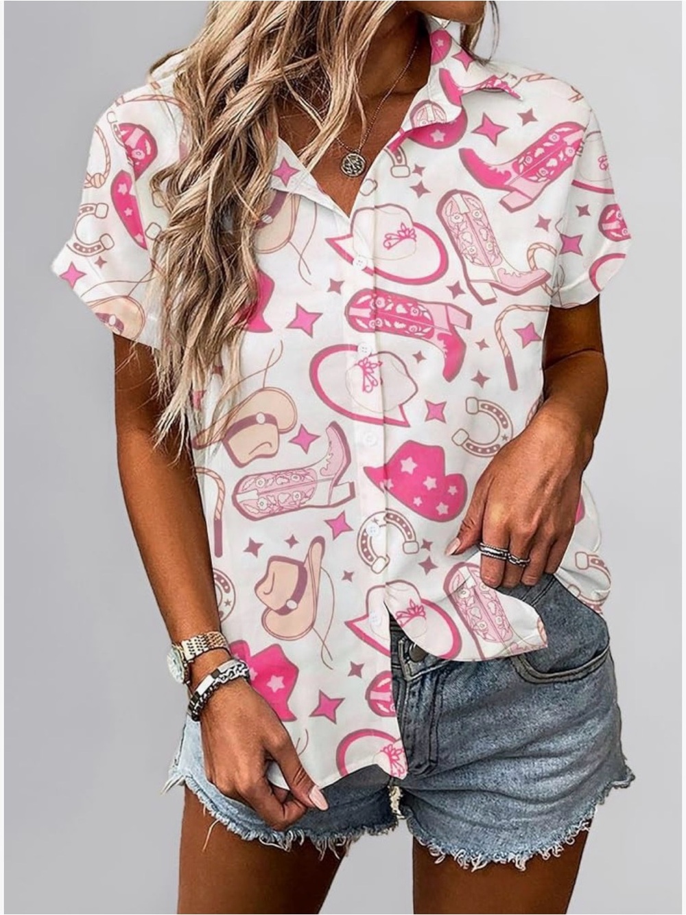 Pink Western Print Short Sleeve Button-Down Shirt Nashville Bachelorette